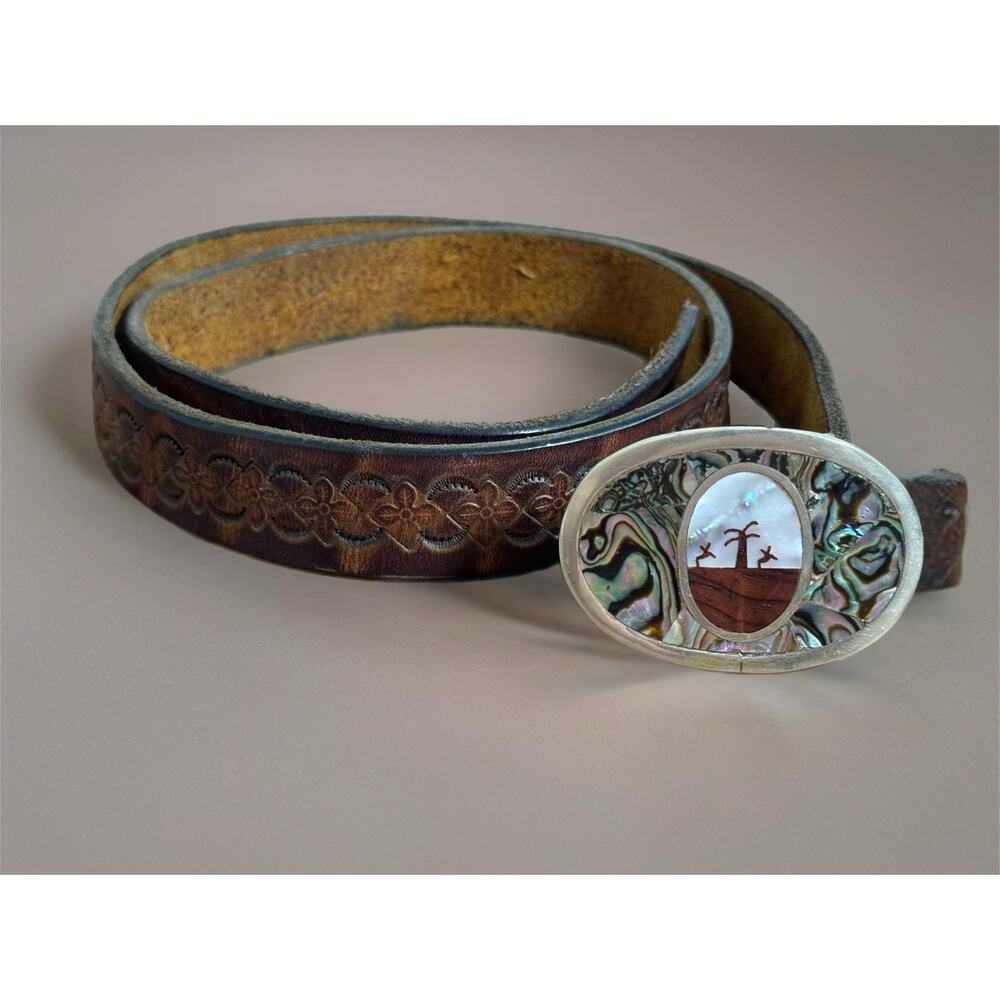 Vintage Mexican Tooled Silver & Abalone Women’s Belt Sz 28 Western Boho Artisan